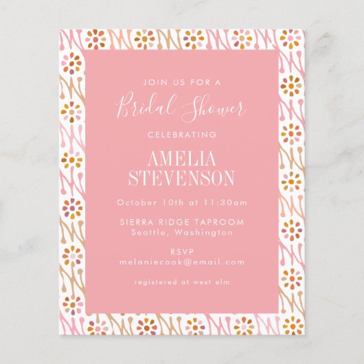 Budget Boho Floral Rose Rosa Brautparty Einladung (Vorderseite)