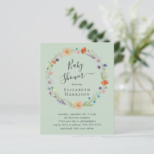 Budget Boho Floral Sage Kinderdusche Einladung (Stehend Vorderseite)