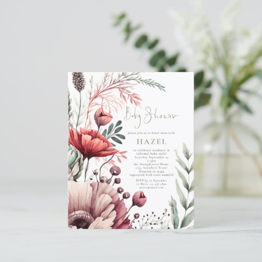 Budget Boho Florals Burgundy Sage Baby Dusche (Stehend Vorderseite)