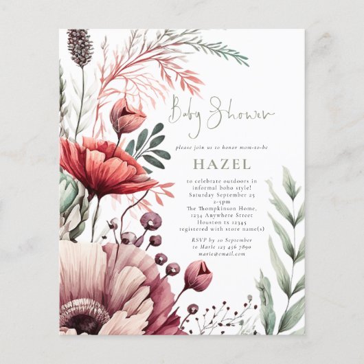 Budget Boho Florals Burgundy Sage Baby Dusche (Vorderseite)