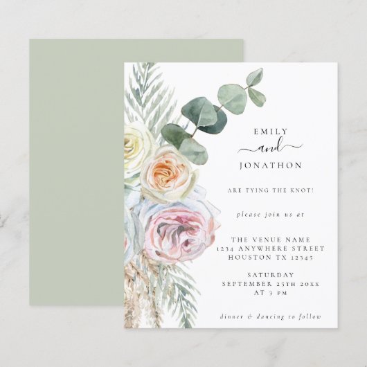 Budget Boho Florals Eucalyptus Wedding Einladung (Vorne/Hinten)