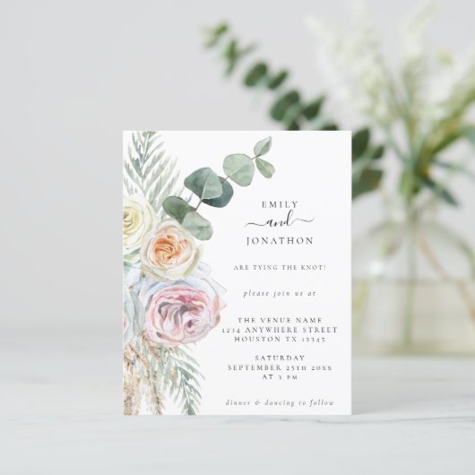Budget Boho Florals Eucalyptus Wedding Einladung (Stehend Vorderseite)