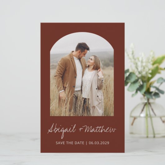 Budget Boho Foto Arch Save the Date Einladung (Stehend Vorderseite)