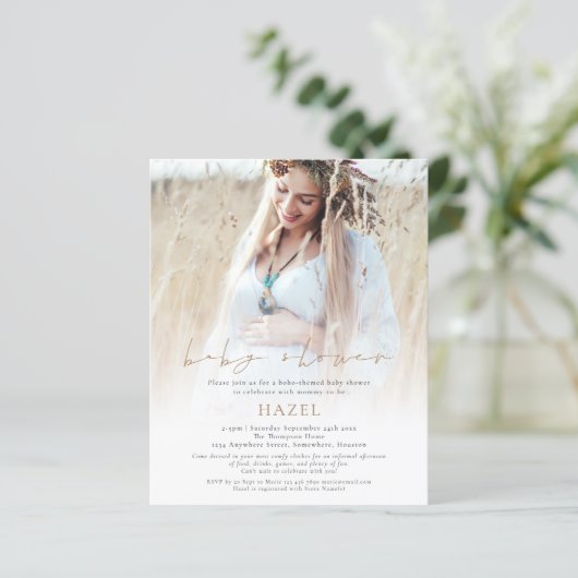 Budget Boho Foto Overlay Gold Script Babydusche (Stehend Vorderseite)