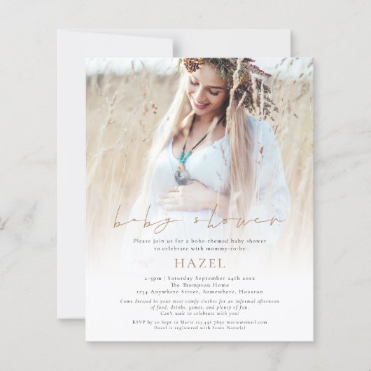 Budget Boho Foto Overlay Gold Script Babydusche (Vorderseite)