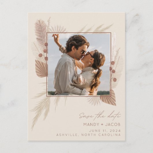 Budget Boho Foto Wedding Save the Date Ankündigungspostkarte (Vorderseite)