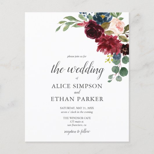 Budget Boho Garden Burgundy Blue Flowers Wedding (Vorderseite)