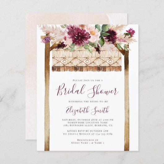 Budget Boho Greenery Blush Brautparty Einladung (Vorne/Hinten)