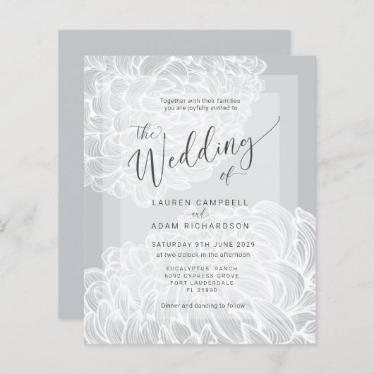 Budget Boho Grey & White Floral Wedding Einladung (Vorne/Hinten)