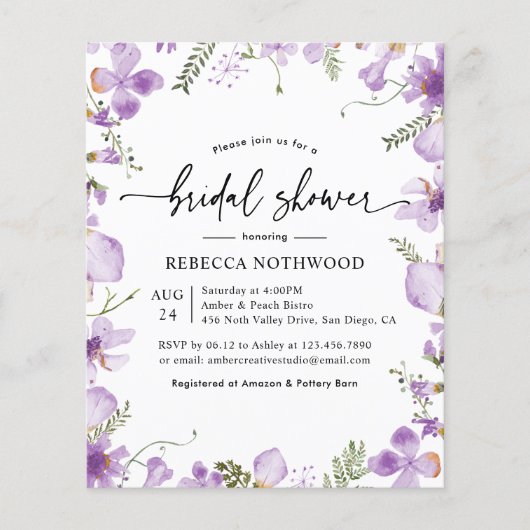 Budget Boho Lavender Bridal Dusche Einladung (Vorderseite)