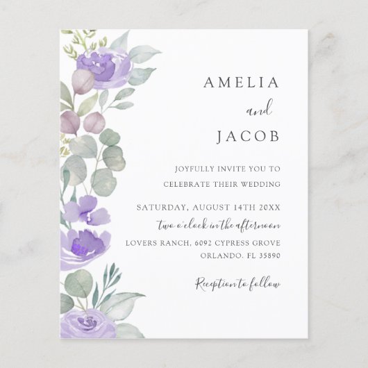 Budget Boho Lila Eukalyptus Wedding Einladung (Vorderseite)