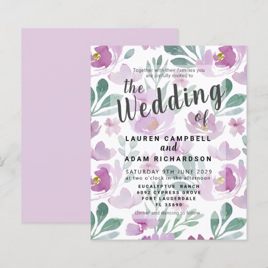 Budget Boho Lila Floral Wedding Einladung (Vorne/Hinten)