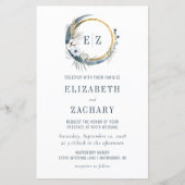 Budget Boho Moon Blue Monogram Wedding Einladung (Vorderseite)