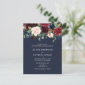 Budget Boho Navy Blue Burgundy Floral Wedding Einladungspostkarte (Stehend Vorderseite)