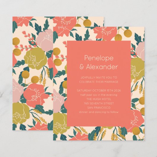 Budget Boho Orange Botanical Wedding Einladung (Vorne/Hinten)
