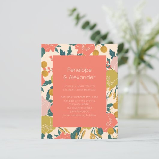 Budget Boho Orange Botanical Wedding Einladung (Stehend Vorderseite)