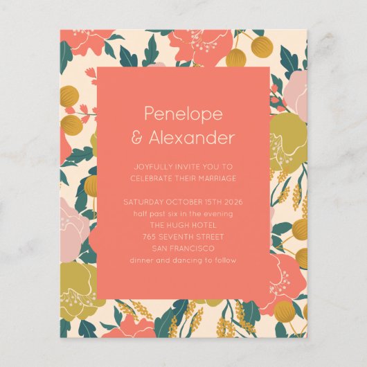 Budget Boho Orange Botanical Wedding Einladung (Vorderseite)