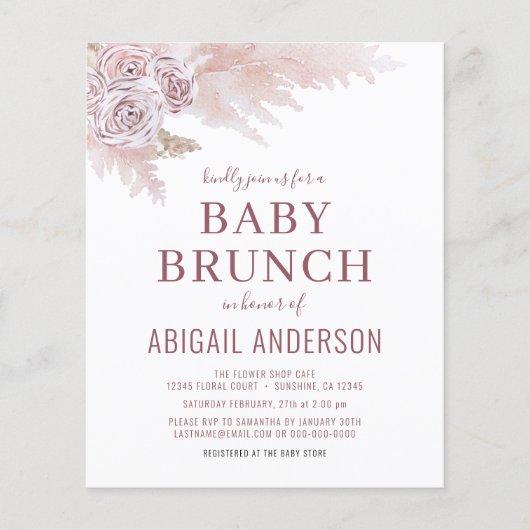 Budget Boho Pampas Grass Baby Brunch Einladung (Vorderseite)