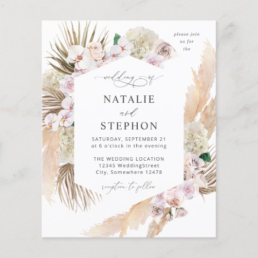 Budget Boho Pampas Grass Beach Floral Wedding Flyer (Vorne)