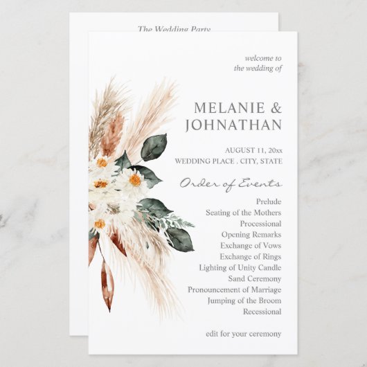 Budget Boho Pampas Grass Beige Wedding Programm ME (Vorne/Hinten)