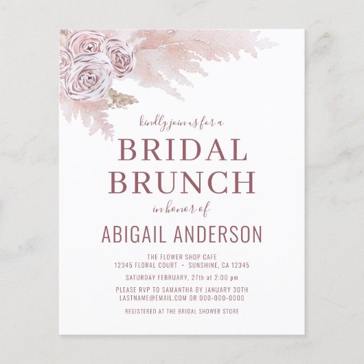 Budget Boho Pampas Grass Bridal Brunch Einladung Flyer (Vorne)
