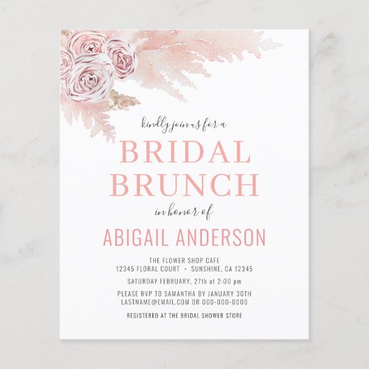 Budget Boho Pampas Grass Bridal Brunch Einladung Flyer (Vorne)
