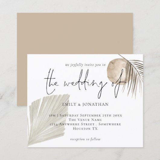 Budget Boho Pampas Grass Cream Wedding Einladung (Vorne/Hinten)