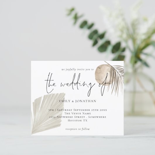 Budget Boho Pampas Grass Cream Wedding Einladung (Stehend Vorderseite)