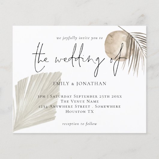Budget Boho Pampas Grass Cream Wedding Einladung (Vorderseite)