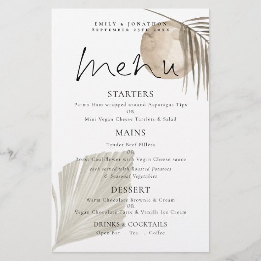 Budget Boho Pampas Grass Cream Wedding Menü (Vorderseite)