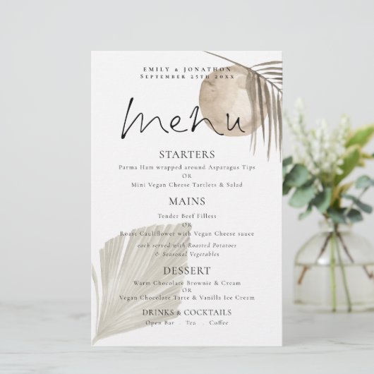 Budget Boho Pampas Grass Cream Wedding Menü (Stehend Vorderseite)