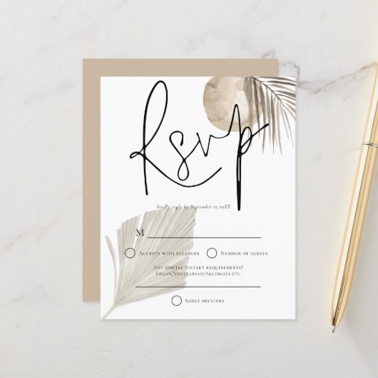 Budget Boho Pampas Grass fan Wedding RSVP (Vorderseite/Rückseite Beispiel)