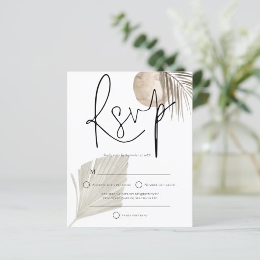 Budget Boho Pampas Grass fan Wedding RSVP (Stehend Vorderseite)
