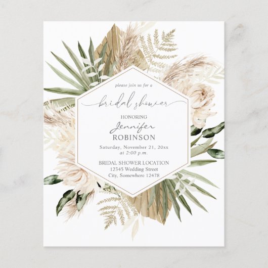 Budget Boho Pampas Grass & Floral Brautparty Flyer (Vorne)