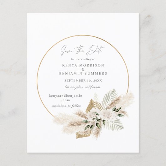 Budget Boho Pampas Grass & Floral Save the Date Flyer (Vorne)
