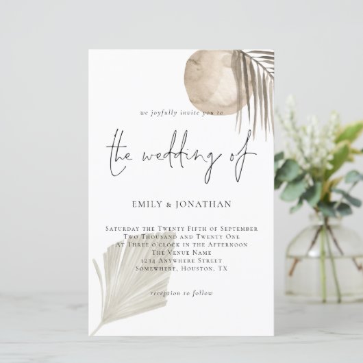 Budget Boho Pampas Grass Script Einladung (Stehend Vorderseite)