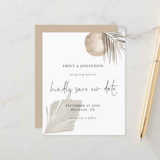 Budget Boho Pampas Grass Script Save the Date (Vorderseite/Rückseite Beispiel)