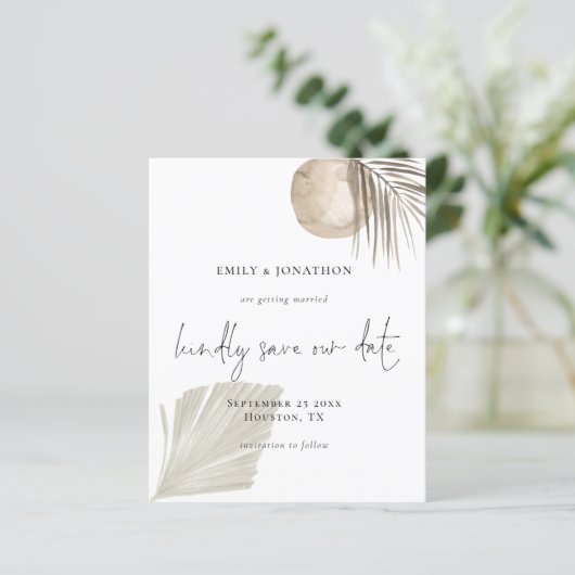 Budget Boho Pampas Grass Script Save the Date (Stehend Vorderseite)