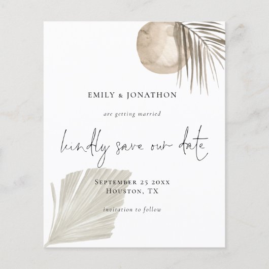 Budget Boho Pampas Grass Script Save the Date (Vorderseite)