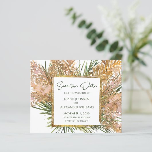 Budget Boho Pampas Grass Wedding retten das Datum (Stehend Vorderseite)