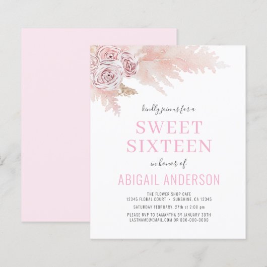 Budget Boho Pink 16 . Geburtstag Einladung (Vorne/Hinten)
