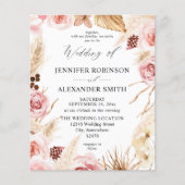 Budget Boho Pink & Beige Pampas Hochzeit Flyer (Vorne)