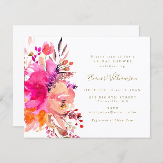 Budget Boho Pink Blumendusche Einladung (Vorne/Hinten)