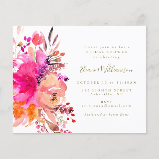 Budget Boho Pink Blumendusche Einladung (Vorderseite)