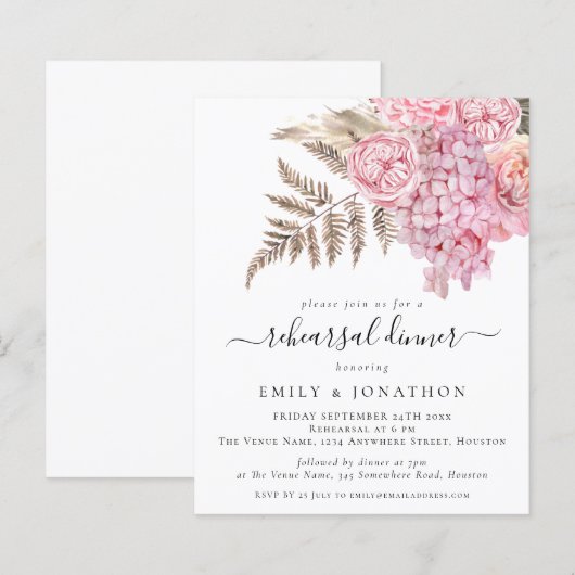 Budget Boho Pink Florals Probe Abendessen einladen (Vorne/Hinten)