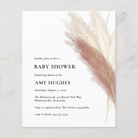 Budget Boho Pink Pampas Grass Baby Shower Girl Flyer (Vorne)