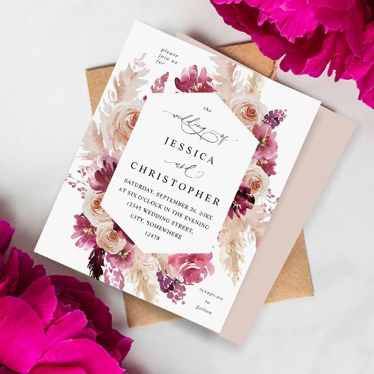 Budget Boho Pink Pampas Grass Floral Wedge Beige