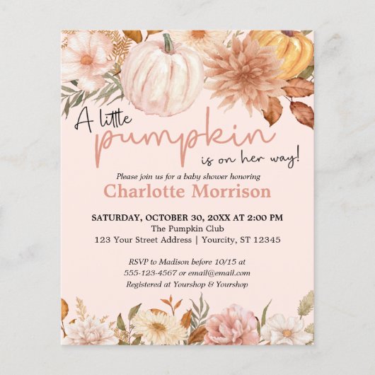 Budget Boho Pink Pumpkin Girl Babydusche Einladung (Vorderseite)