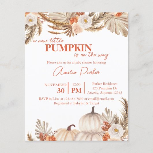 Budget Boho Pumpkin Baby Showeinladung (Vorderseite)