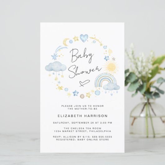 Budget Boho Rainbow Baby Boy Shower Einladung (Stehend Vorderseite)